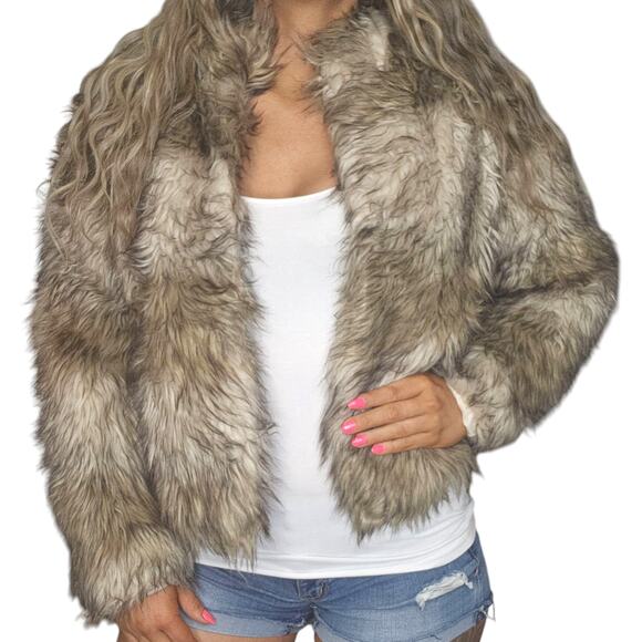 Faux Fur Bomber Coat Womens Medium Brown Fuzzy Fluffy Jacket Thick Preppy NWT - Picture 4 of 15